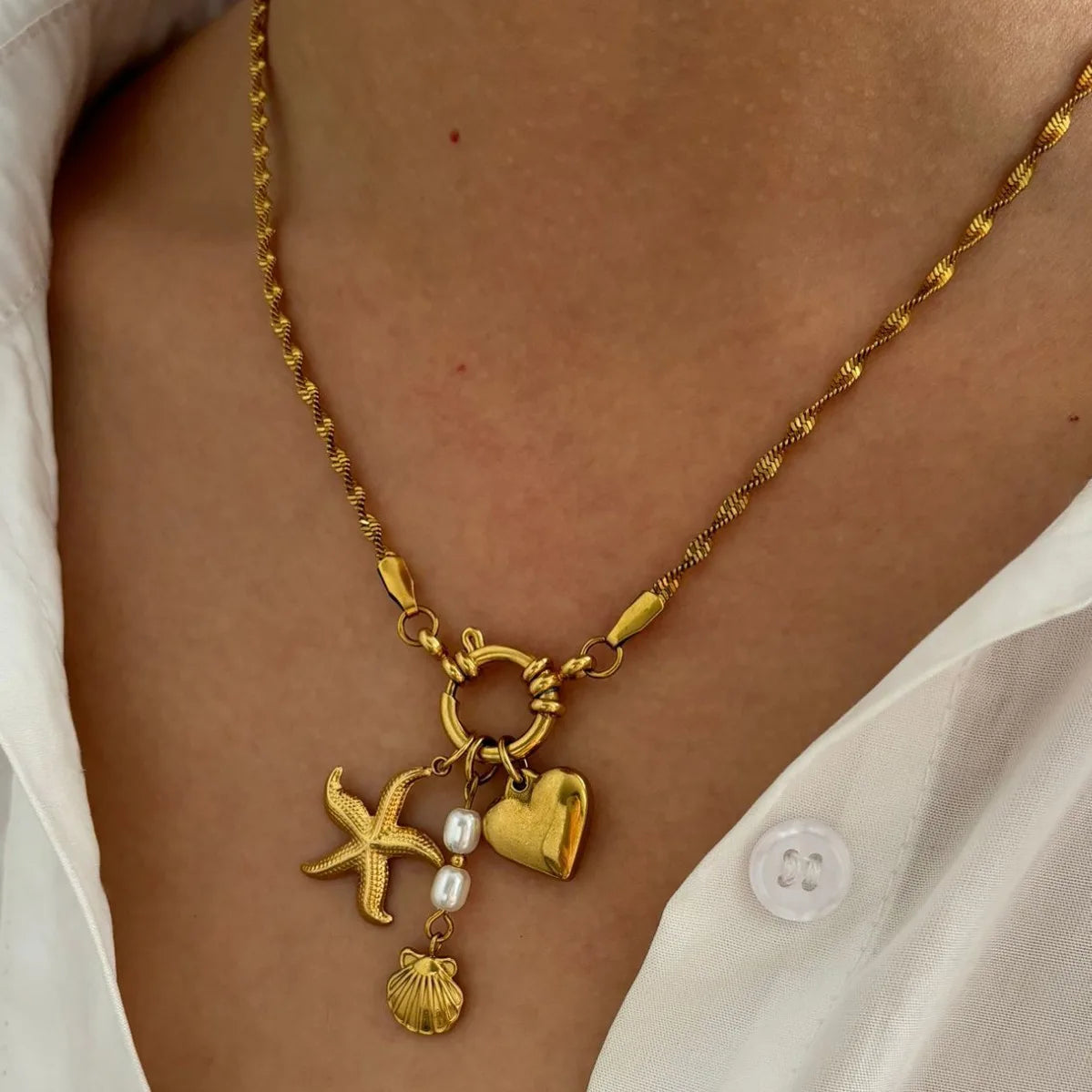 Heart Starfish Shell Pendant Necklace