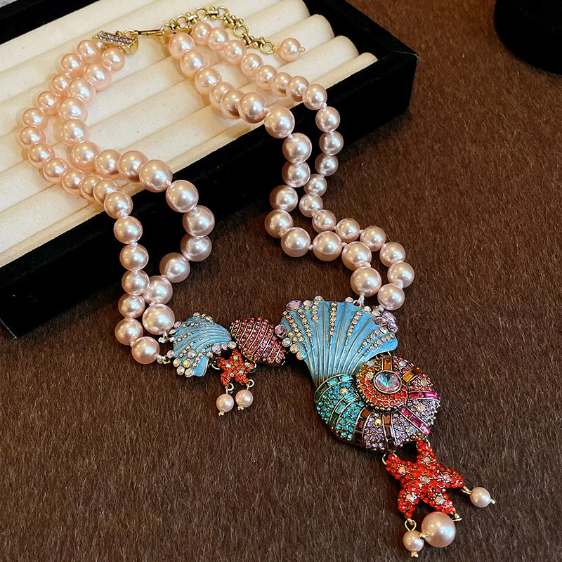 Crystal Pearl Conch Double-layer Necklace
